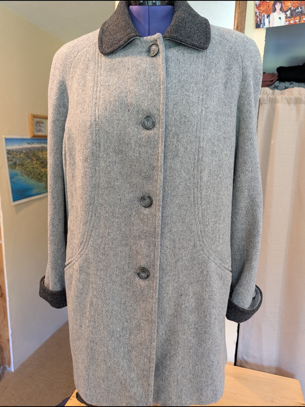 Women's Gray Wool-Blend Pea Coat with Dark Contrast Collar